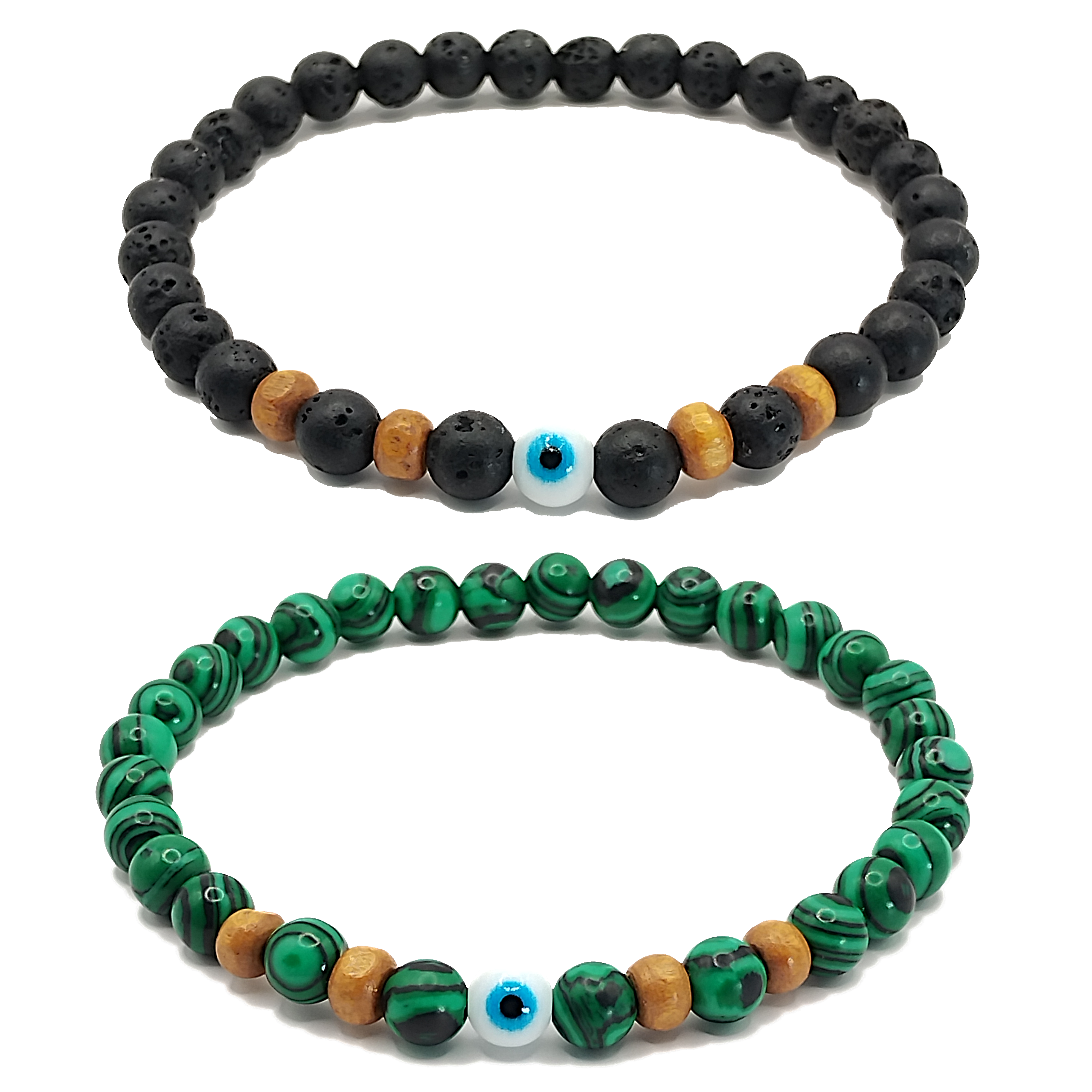Pulseras de ojo turco con lava volcánica y malaquita de 6mm - Set de 2 piezas