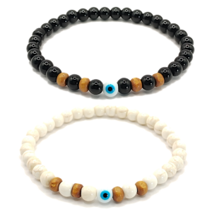 Pulseras de ojo turco con perla negra y turquesa blanca de 6mm – Set de 2 piezas