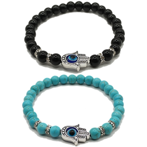 Pulseras de mano de fátima con perla negra y turquesa azul de 6mm - Set de 2 piezas