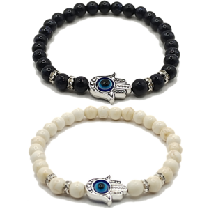 Pulseras de mano de fátima con aventurina azul y turquesa blanca de 6mm - Set de 2 piezas