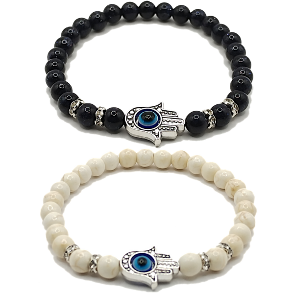 Pulseras de mano de fátima con aventurina azul y turquesa blanca de 6mm - Set de 2 piezas