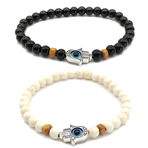 Pulseras de mano de fátima con perla negra y turquesa blanca de 6mm - Set de 2 piezas