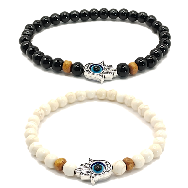 Pulseras de mano de fátima con perla negra y turquesa blanca de 6mm - Set de 2 piezas