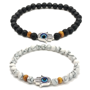 Pulseras de mano de fátima con lava volcánica y howlita de 6mm - Set de 2 piezas