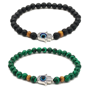 Pulseras de mano de fátima con lava volcánica y malaquita de 6mm - Set de 2 piezas