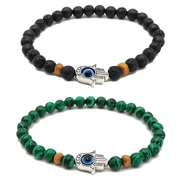 Pulseras de mano de fátima con lava volcánica y malaquita de 6mm - Set de 2 piezas