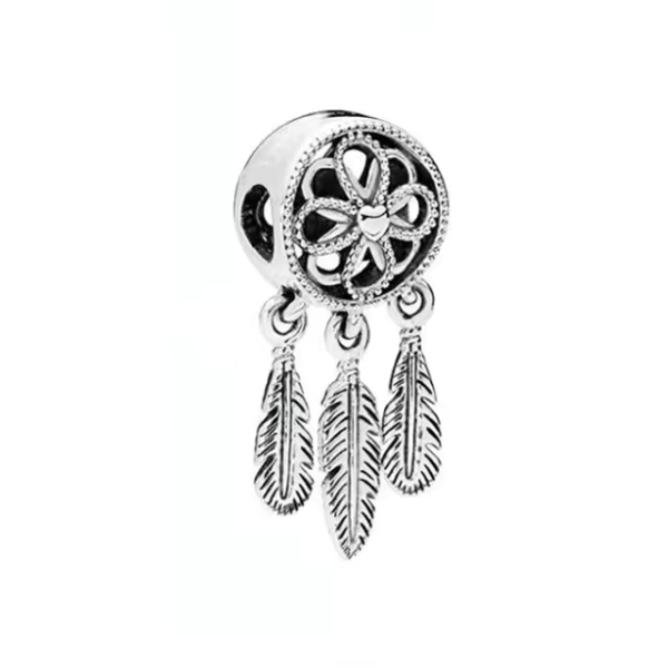 Charm atrapasueños y tres plumas plateado - Compatible con Pandora
