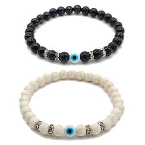 Pulseras de ojo turco con aventurina azul y turquesa blanca de 6mm - Set de 2 piezas