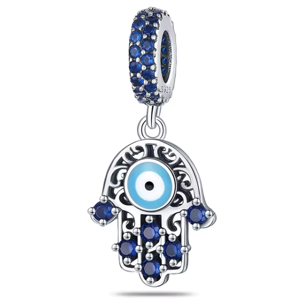 Charm mano de fátima colgante plateada y cristales azules - Compatible con Pandora