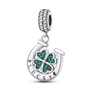 Charm herradura colgate plateada y trébol de cuatro hojas con cristales verdes - Compatible con Pandora
