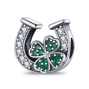 Charm herradura plateada y trébol de cuatro hojas con cristales verdes - Compatible con Pandora