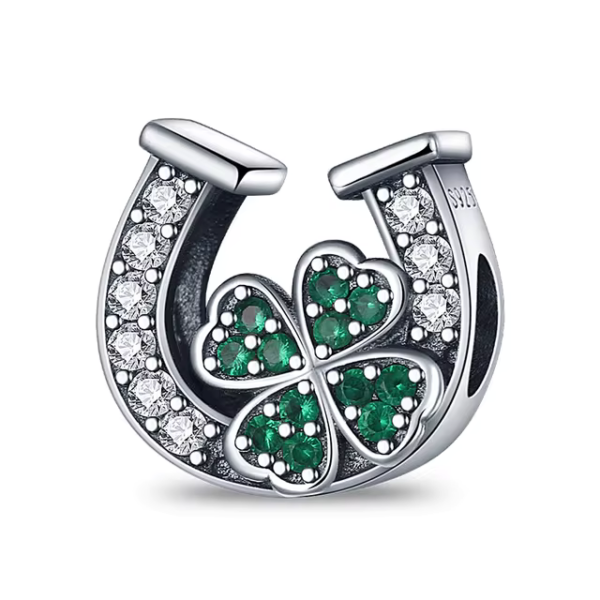 Charm herradura plateada y trébol de cuatro hojas con cristales verdes - Compatible con Pandora