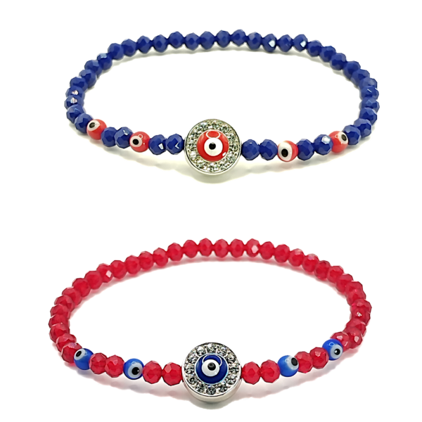 Pulseras de ojo turco con cristales rojos y azules de 4mm - Set de 2 piezas