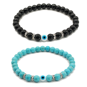 Pulseras de ojo turco con perla negra y turquesa azul de 6mm - Set de 2 piezas