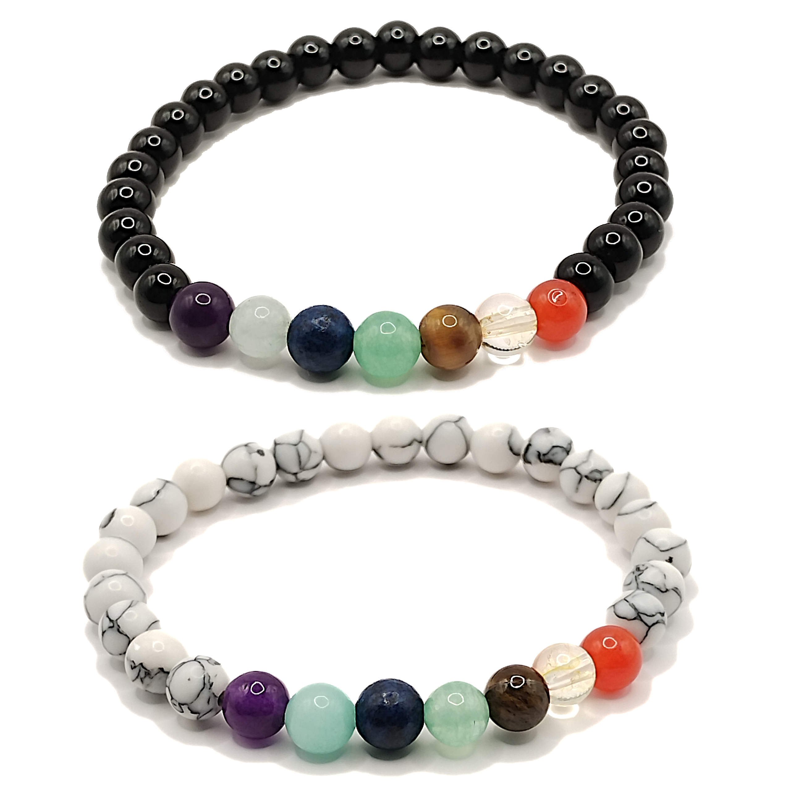 Pulseras de 7 chakras con perla negra y howlita de 6mm - Set de 2 piezas