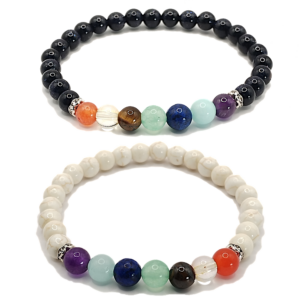 Pulseras de 7 chakras con aventurina azul y turquesa blanca de 6mm - Set de 2 piezas