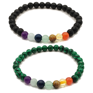 Pulseras de 7 chakras con lava volcánica y malaquita de 6mm - Set de 2 piezas