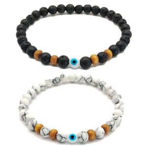 Pulseras de ojo turco con lava volcánica y howlita de 6mm - Set de 2 piezas