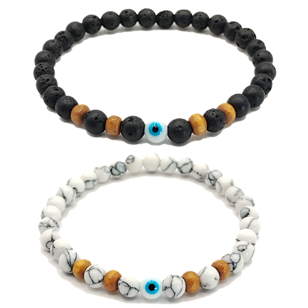 Pulseras de ojo turco con lava volcánica y howlita de 6mm - Set de 2 piezas