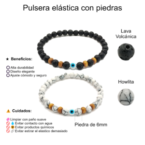 Pulseras de ojo turco con lava volcánica y howlita de 6mm - Set de 2 piezas