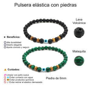 Pulseras de ojo turco con lava volcánica y malaquita de 6mm - Set de 2 piezas