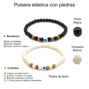 Pulseras de ojo turco con perla negra y turquesa blanca de 6mm - Set de 2 piezas