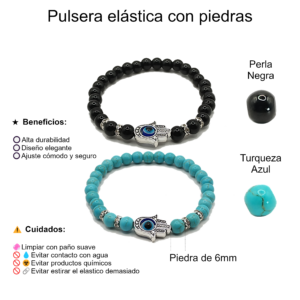 Pulseras de mano de fátima con perla negra y turquesa azul de 6mm - Set de 2 piezas