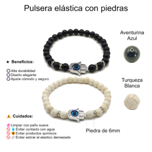 Pulseras de mano de fátima con aventurina azul y turquesa blanca de 6mm - Set de 2 piezas