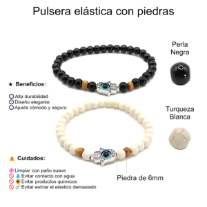 Pulseras de mano de fátima con perla negra y turquesa blanca de 6mm - Set de 2 piezas