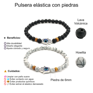 Pulseras de mano de fátima con lava volcánica y howlita de 6mm - Set de 2 piezas