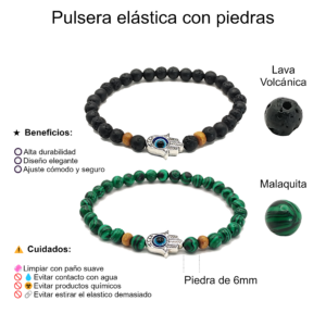 Pulseras de mano de fátima con lava volcánica y malaquita de 6mm - Set de 2 piezas