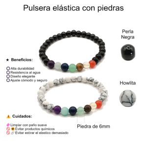 Pulseras de siete chakras con perla negra y howlita de 6mm - Set de 2 piezas