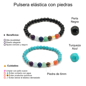 Pulseras de siete chakras con perla negra y turquesa azul de 6mm - Set de 2 piezas