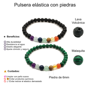 Pulseras de siete chakras con lava volcánica y malaquita de 6mm - Set de 2 piezas