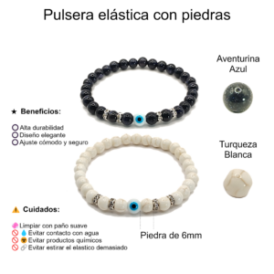 Pulseras de ojo turco con aventurina azul y turquesa blanca de 6mm - Set de 2 piezas