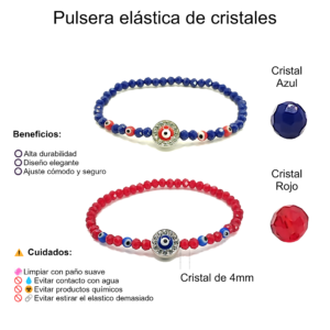 Pulseras de ojo turco con cristales rojos y azules de 4mm - Set de 2 piezas