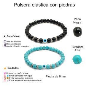 Pulseras de ojo turco con perla negra y turquesa azul de 6mm - Set de 2 piezas