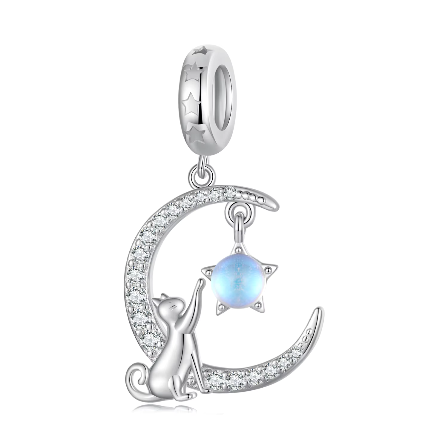Charm colgante luna y gato tocando estrella - Compatible con Pandora