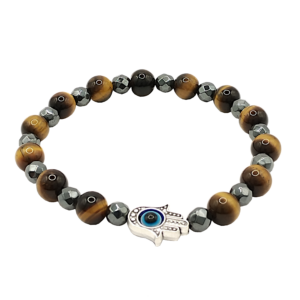 Pulseras de mano de fátima con ojo de tigre amarillo natural y hematita de 8mm