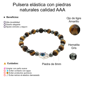 Pulseras de mano de fátima con ojo de tigre amarillo natural y hematita de 8mm